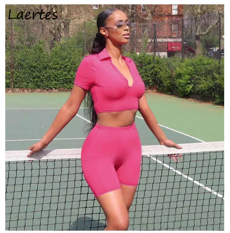 

Laertes Women 2 Piece Set Summer Short Sleeve V Neck Skinny Crop Top Slim Pants Fitness Short Beach Tracksuit Female Clothing