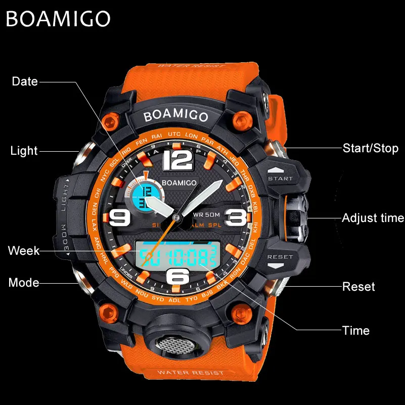 BOAMIGO Лидирующий бренд мужские спортивные часы светодиодный цифровые аналоговые