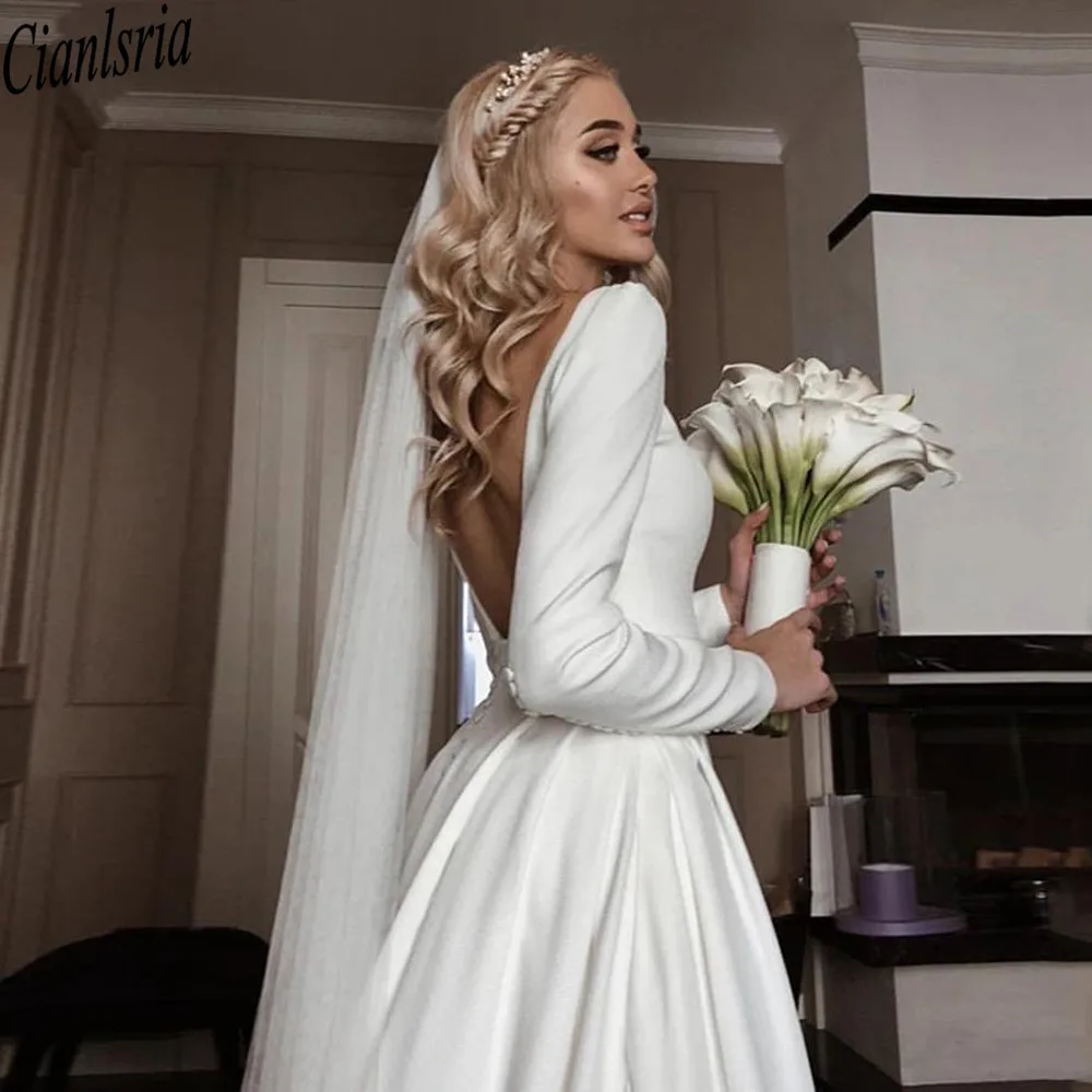 

Vintage Wedding Dresses Modest Jersey Scoop Neck Long Sleeves Wrist Buttons Simple A Line Backless Bridal Dress