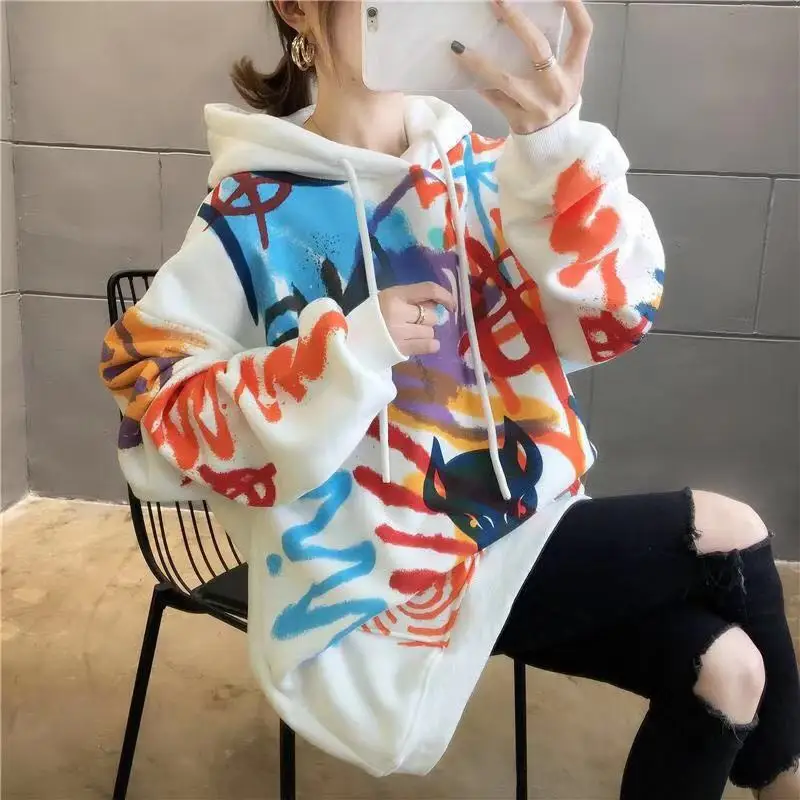 Женская толстовка с капюшоном YASUGUOJI длинным рукавом и геометрическим принтом в