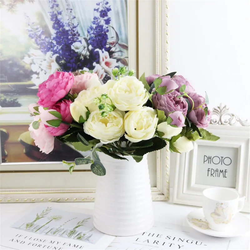 30cm Rose Pink Silk Peony Artificial Flowers Bouquet 5 Big Head and 4 Bud Cheap Fake for Home Wedding Decoration indoor | Дом и сад
