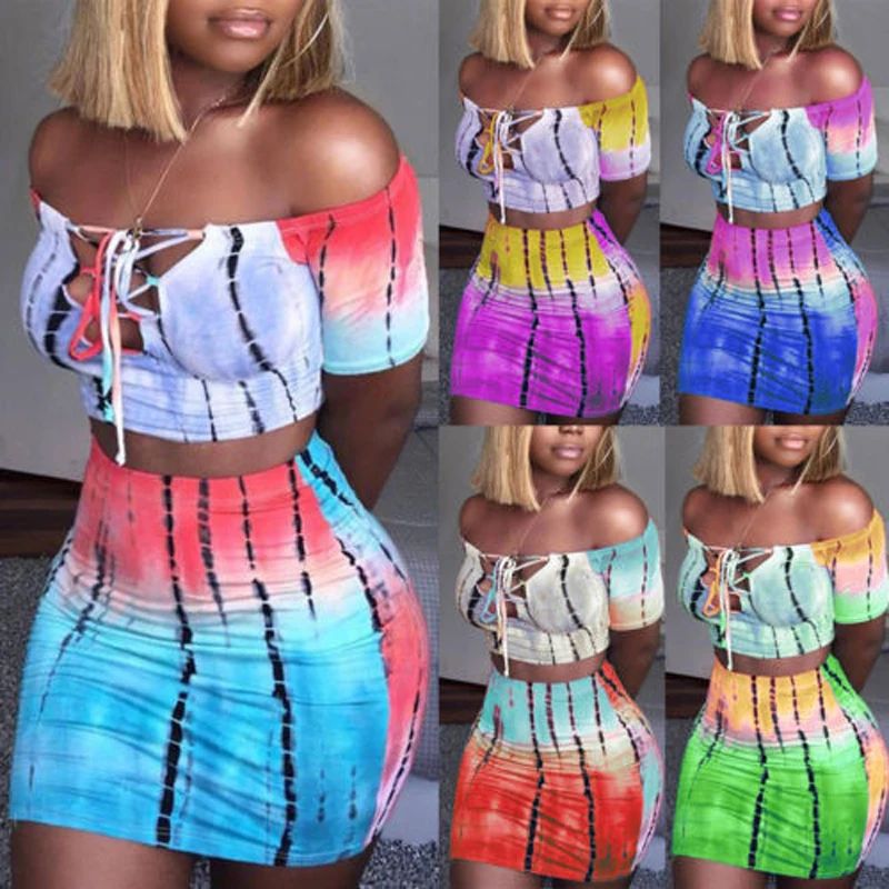

2021 Sexy Women 2 Piece Set Off Shoulder Crop Top and Skirt Bodycon Outfits Summer Slim Party Club Clothing