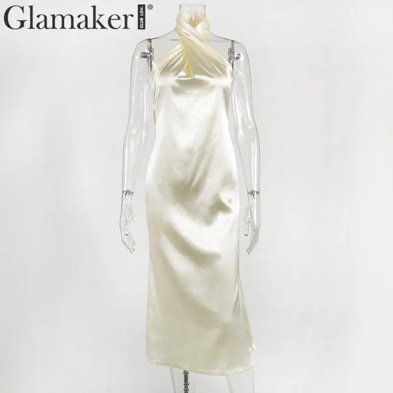 Halter dress Glamaker, сатиновое, золотое, с открытой спиной, сексуальное, облегающее, длинное платье, женское, летнее, на шнуровке, белое, для вечеринки, элегантное, женское, макси, для клуба, Пляжное Платье - Цвет: Halter dress