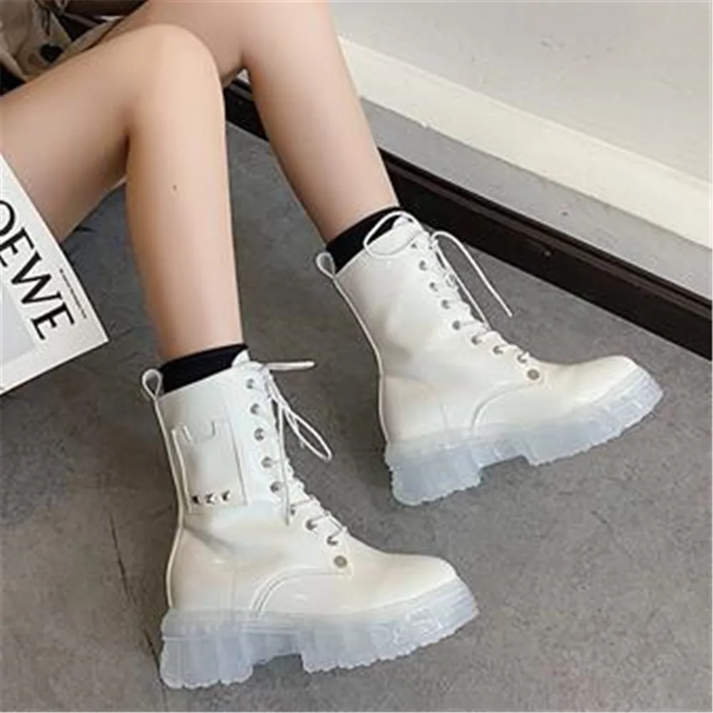 

New Transparent Heel Ankle Boots For Women White Black Lace Up Platform Sneaker Female Autumn Chunky Shoes Lady Motorcycle Boots