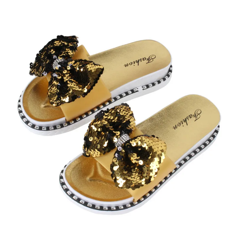 

Women Slippers Butterfly-Knot Bling Platform Flat Heel Peep Toe Slides Outdoor&Indoor Beach Cute Lady Shoes zapatos de mujer