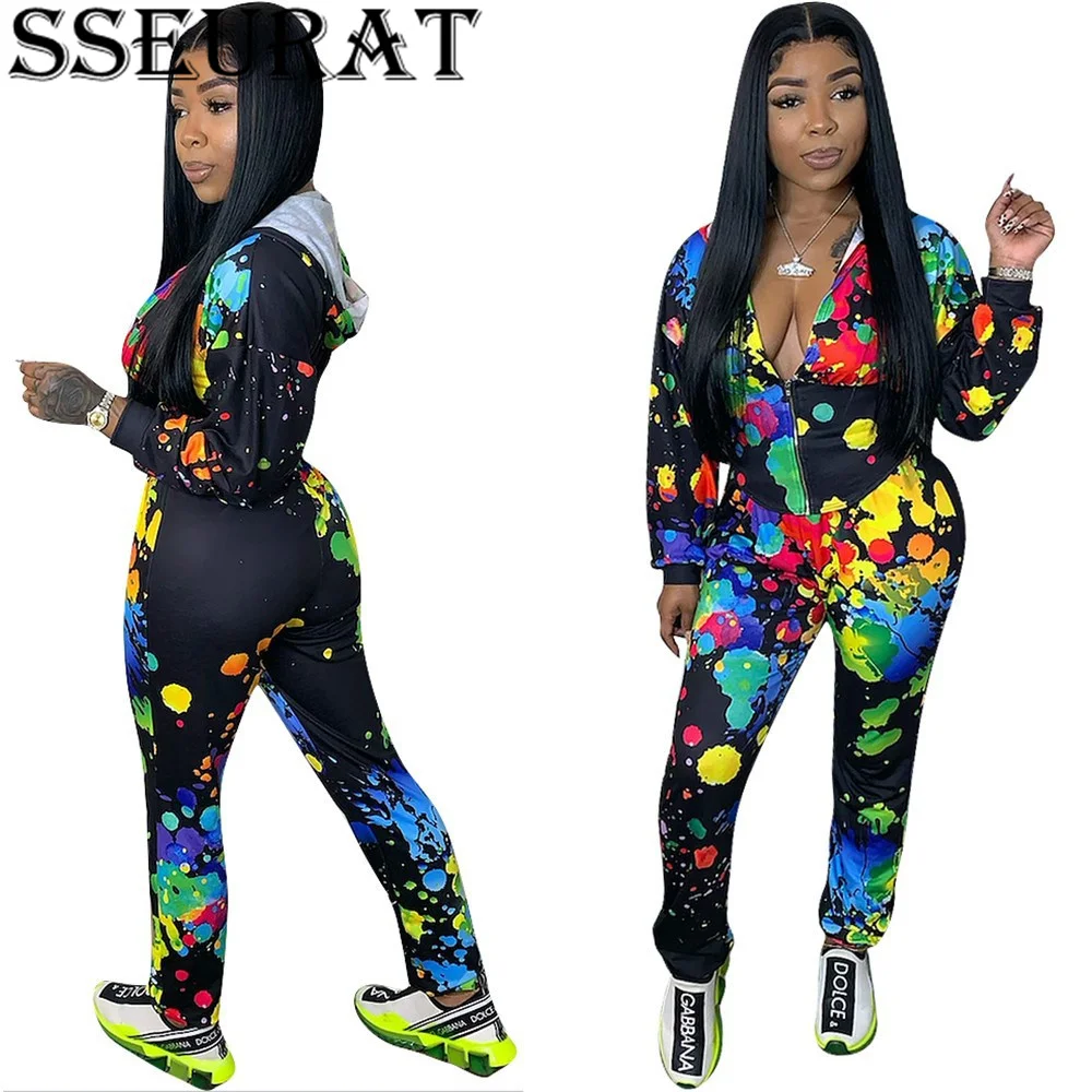 

Женский спортивный костюм SSEURAT, комплект из двух предметов: куртка на молнии с капюшоном и брюки с принтом граффити, осенняя мода