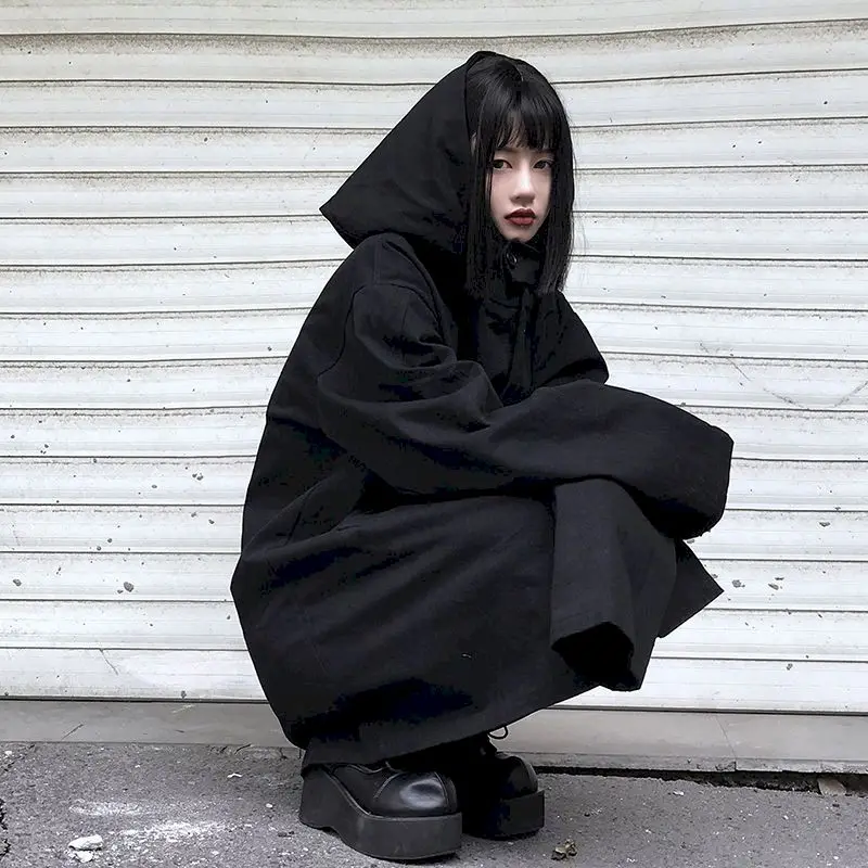 

Harajuku jackets women black oversized baggy spring autumn windbreaker hooded mid-length coat thin fashion goth punk top women