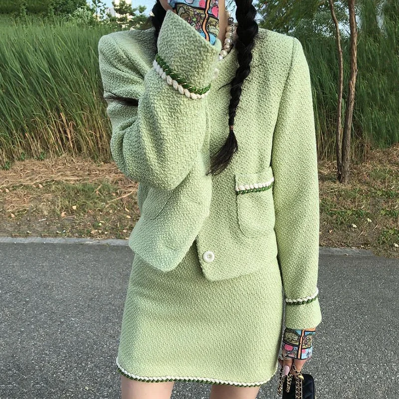 Koreanische Set Kurzen Rock Chic Französisch Rundhals Einreiher Woven Tweed Mantel Hohe Taille Hüfte Wrap Rock