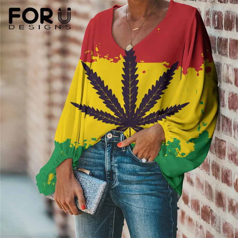 

FORUDESIGNS 3D Jamaica Weed Leaves Printed Large Size Blouse Women Casual Loose Long Sleeve Pullover Shirt Tops Clothing Mujer