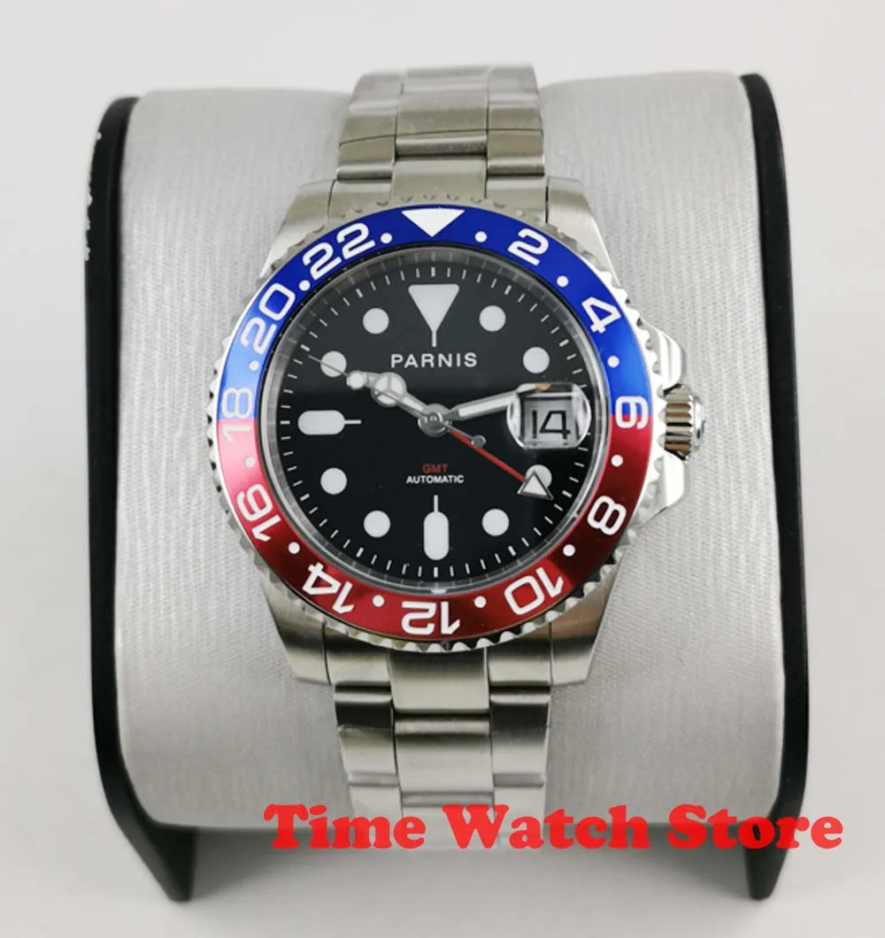 blue bezel 40 мм parnis GMT 3804 Автоматические наручные часы для мужчин сапфировое стекло светящийся Водонепроницаемый черный циферблат керамический ободок SS браслет - Цвет: blue bezel
