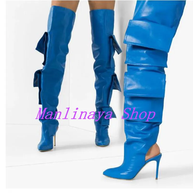 Синие кожаные женские ботинки с вырезами в стиле пэчворк высокие сапоги выше