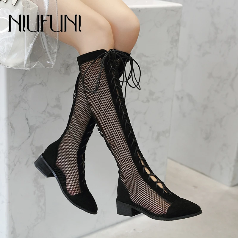 Summer Hollow Breathable Sock Boots Cross Straps Lace Up Mesh Women's Boots Mid Tube Zip Sandals Sexy Low Heel Boots Net Shoes