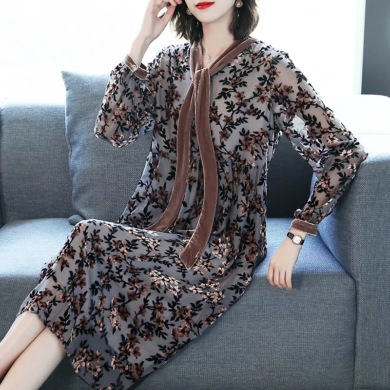 Женское винтажное бархатное платье с цветочным принтом лоскутное длинным