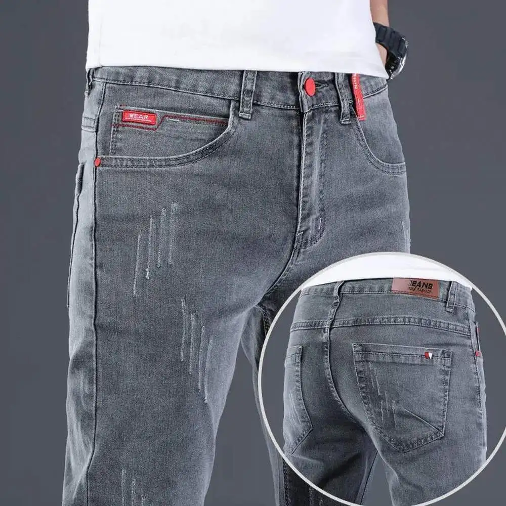 Retro Elastic Distressed Wash Men Jeans Slim Denim Skinny Pants Blue Black Grey Yong Jogger Hombre Pantalon Homme Brand Trousers