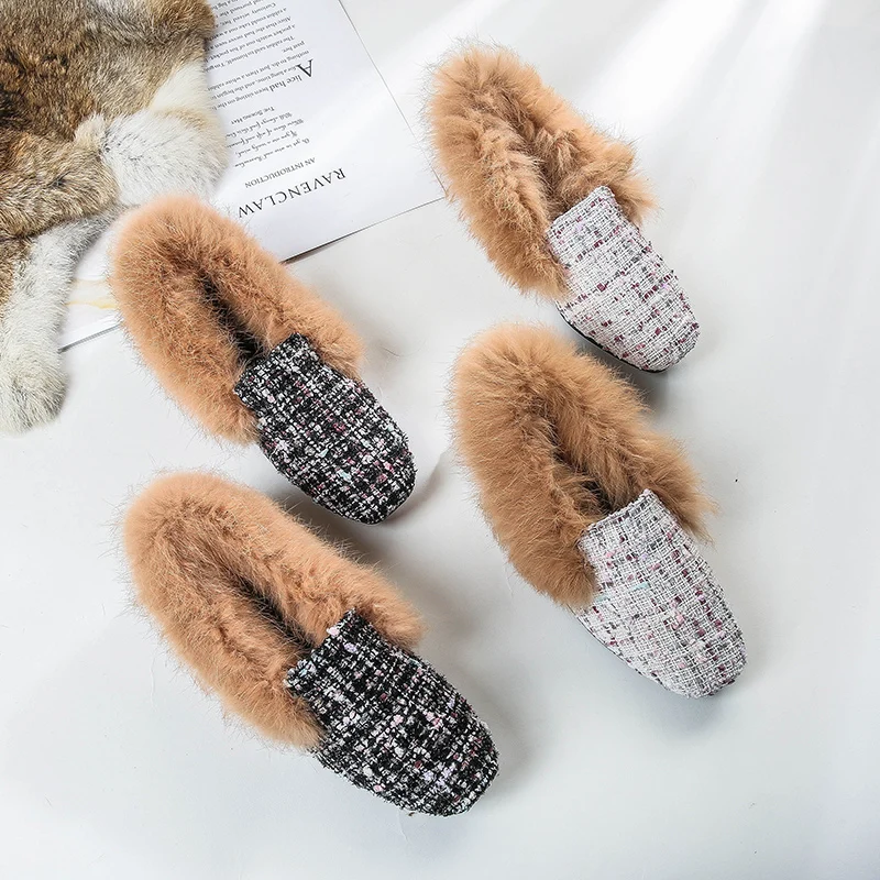 

2020 Winter Spring Women Square Toe Warm Fur Plaid Ballet Flats Comfortable Checkered Ballerina Flats Big Size Espadrilles Shoes