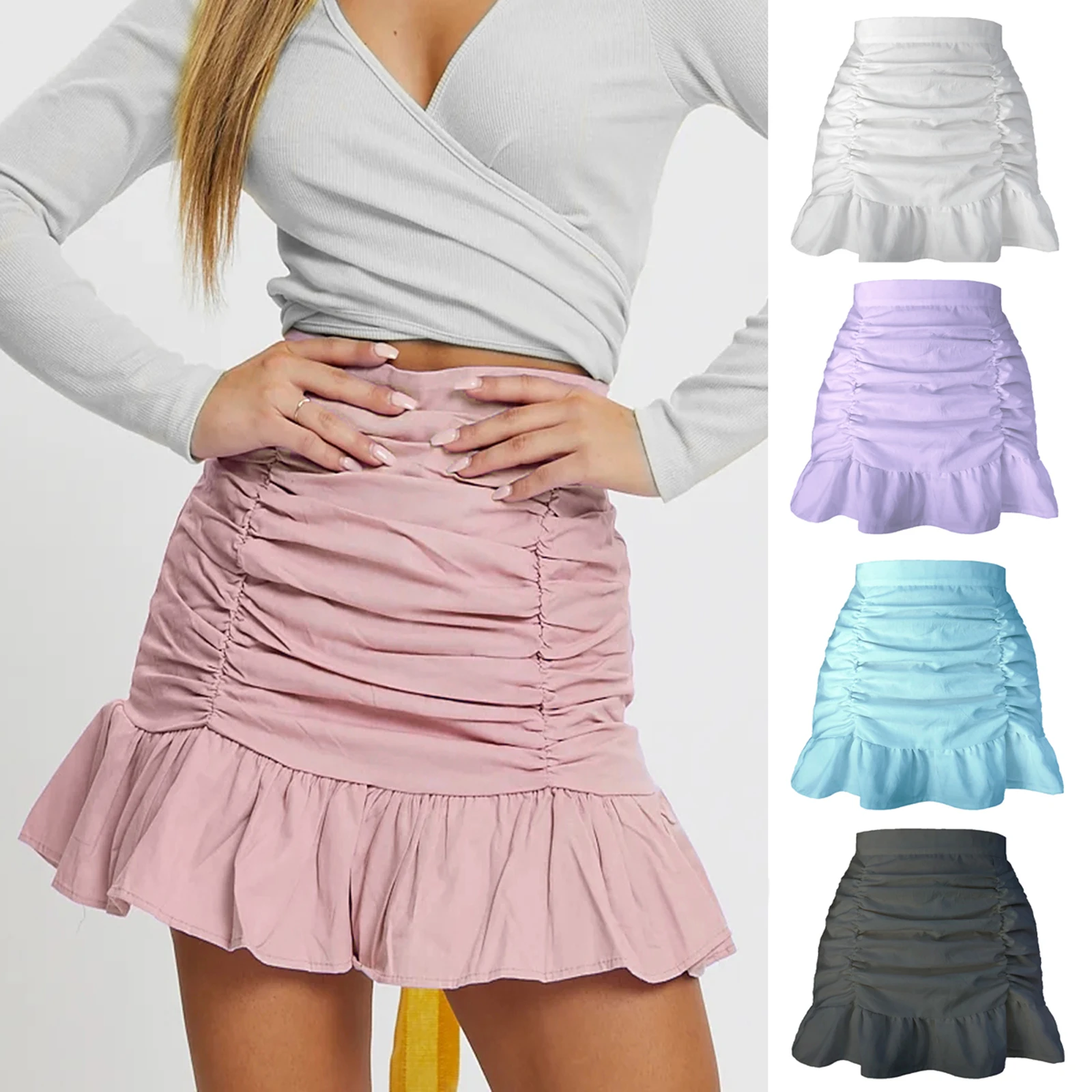 

Summer casual Women Fashion High Waist Ruched Skirts Stylish Ruffled Hem Solid Color Skirts for Ladies