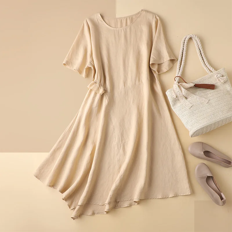 

SHUCHAN Women Dresses Summer 2021 Linen Office Lady Asymmetrical Ruffles Mid-Calf O-Neck Casual Dresses Women