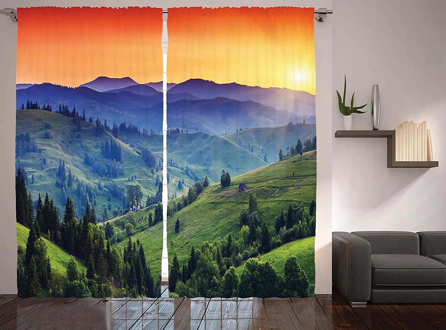 

Mountain Curtains Colorful Sunset in European Countryside Landscape Rural Trees Greenery Living Room Bedroom Window Drapes