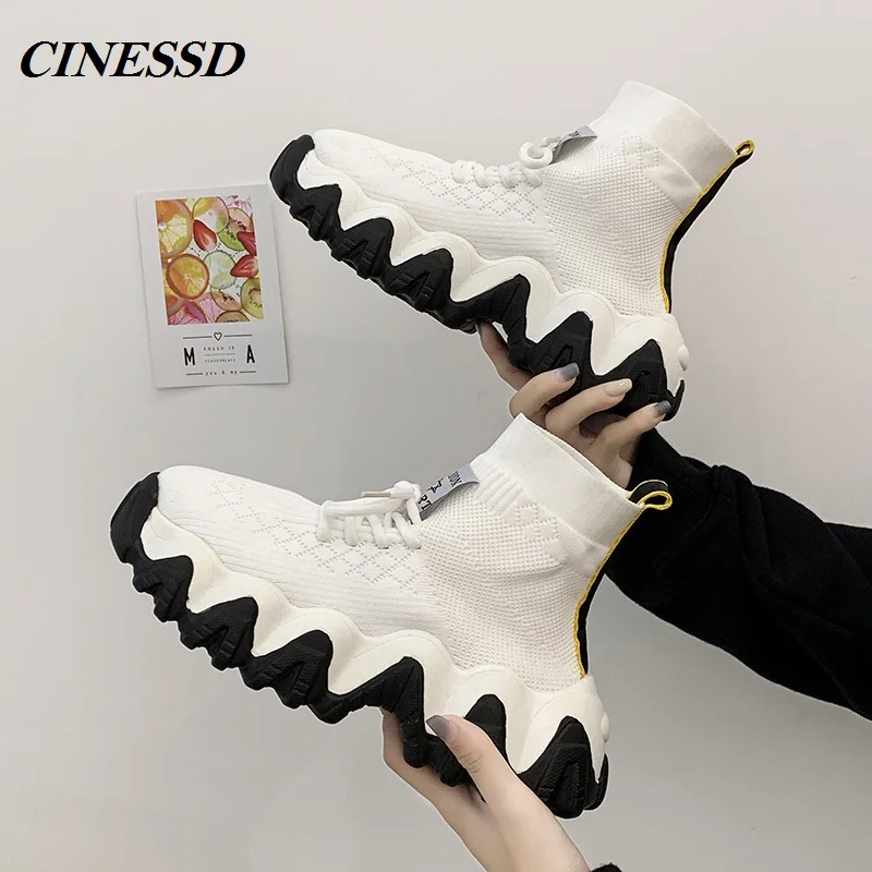 

High White Shoes Female 2020 New Spring Break Fly Knitting wa zi xie Wild Thick Sponge Cake with a Pedal Shoes
