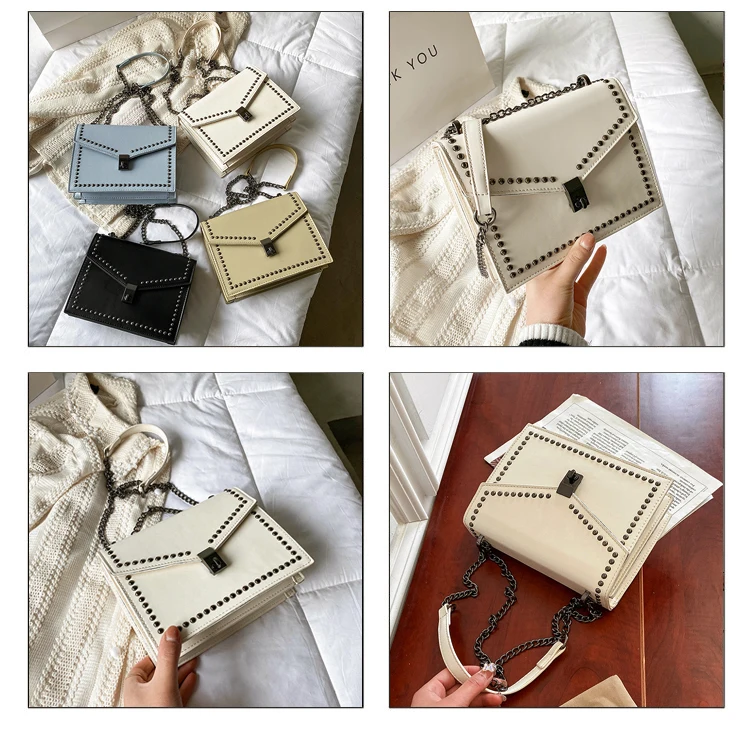 

Queenie Fashion Bag Square Bag Crossbody Shoulder Bag With Rivets Chain Shoulder Strap 2021 Summer Women Messenger Bag Design