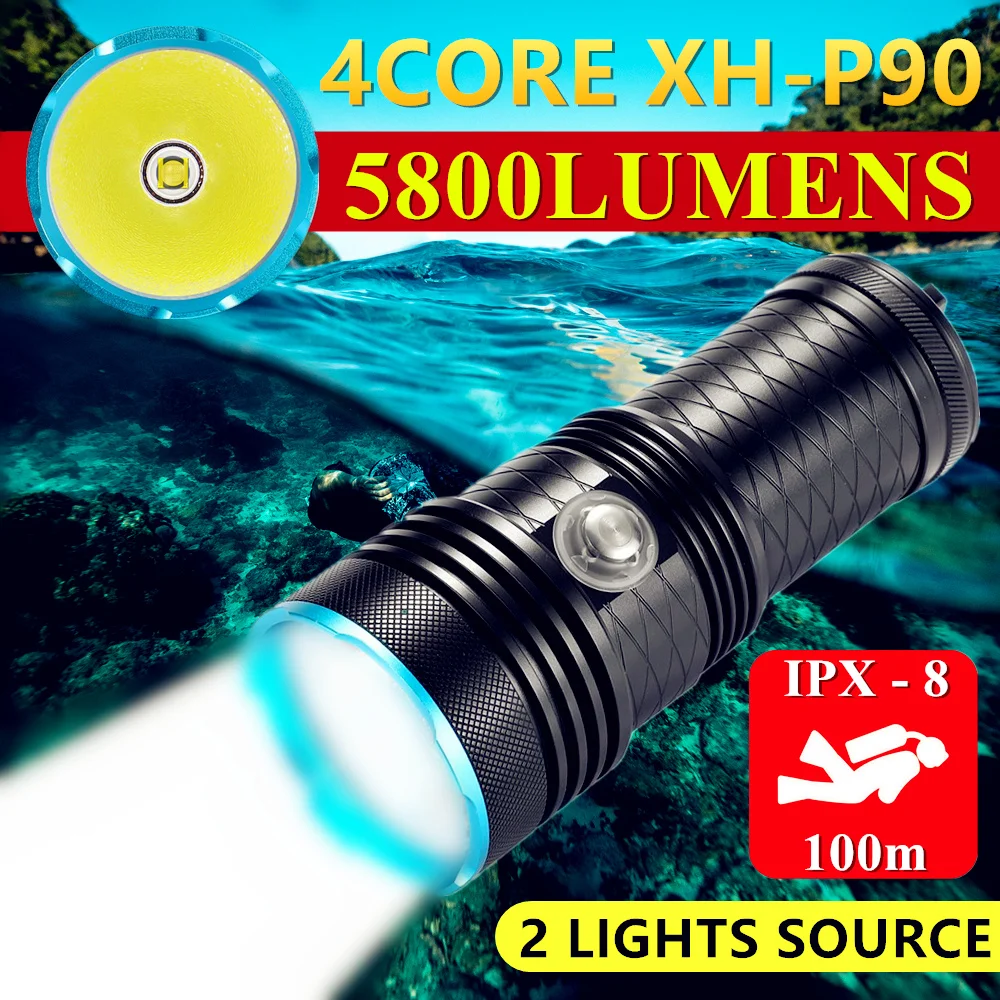 

4CORE XHP90 IPX-8 Waterproof LED Diving Flashlight Underwater 100M Dive Video Fill Lights 18650 Outdoor Hunting Fishing Torch