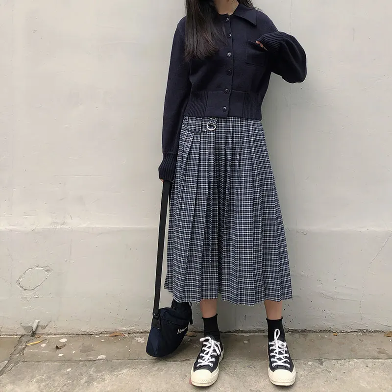 

Qiukichonson Vintage Plaid Skirt Women 2020 Preppy Style Patchwork Design Ladies High Waist Mid Long Summer Skirts