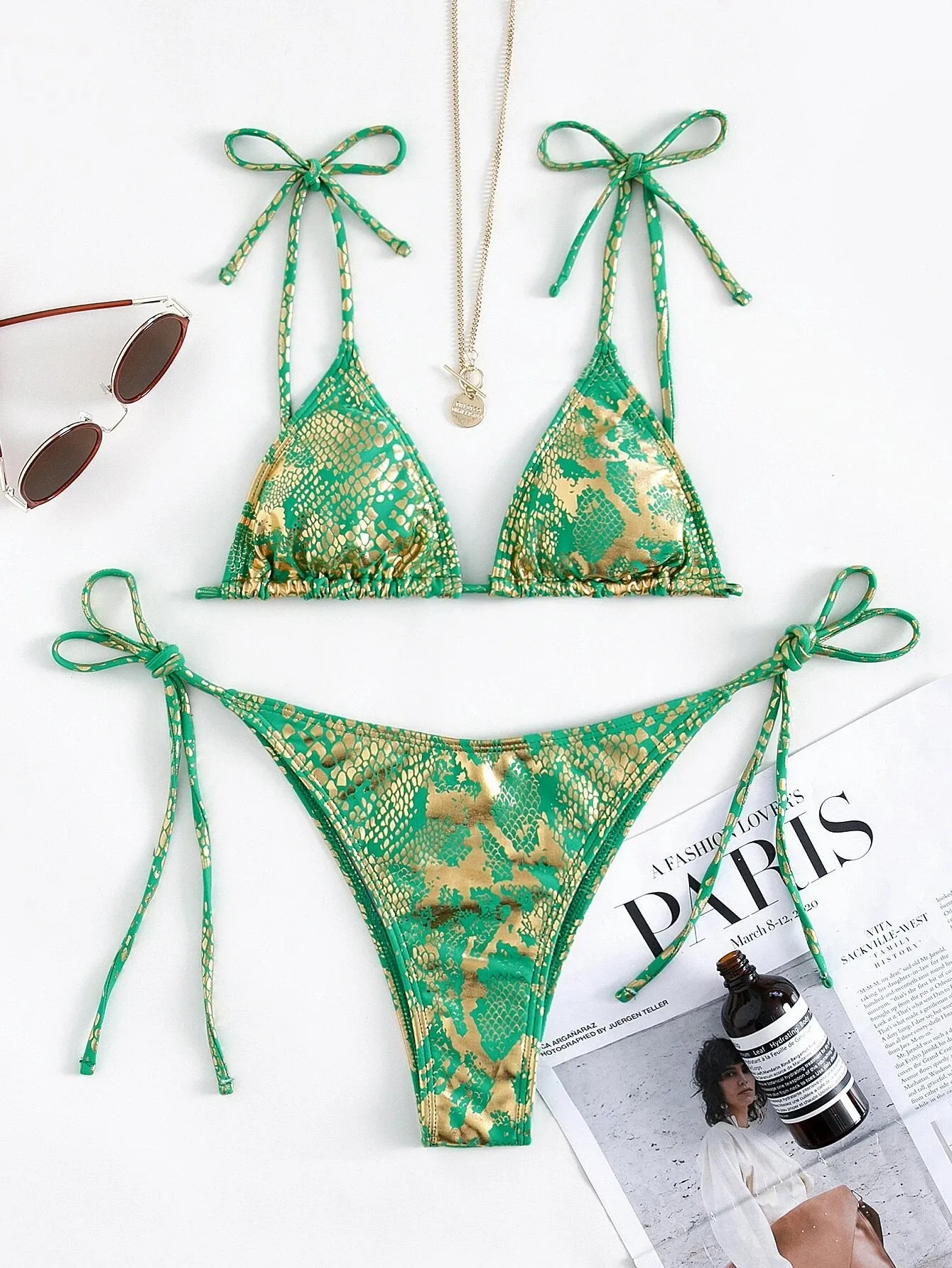 Бикини пуш-ап женское зеленое с леопардовым принтом и высоким вырезом | Женская