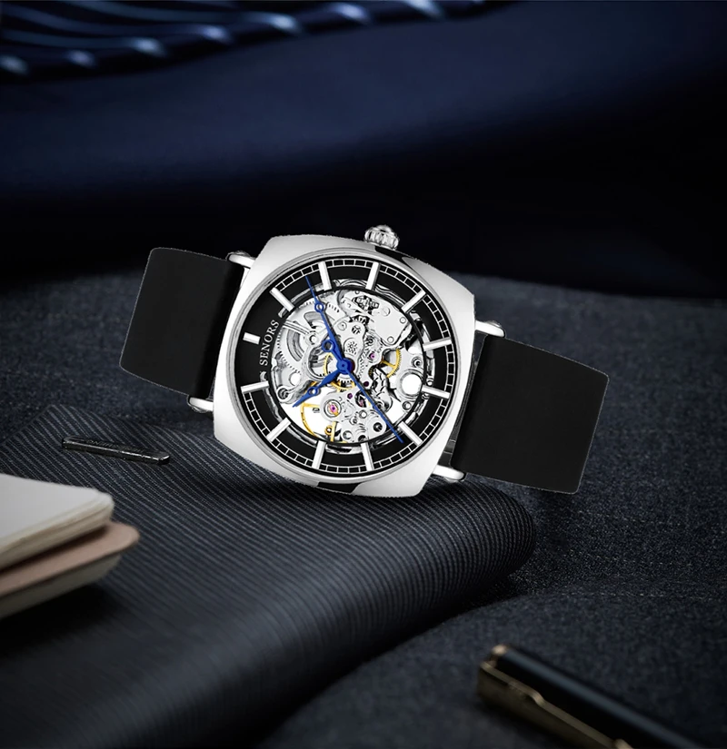 SENORS Новый Для мужчин часы циферблат Скелетон квадратные Водонепроницаемый