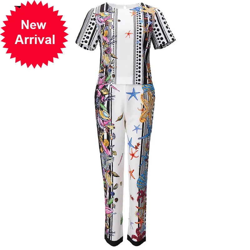 2021 Summer Fashion Runway Pants Suits Women's Elegant Short sleeve Print Top and Slim Long Pants 2 Two Piece Set