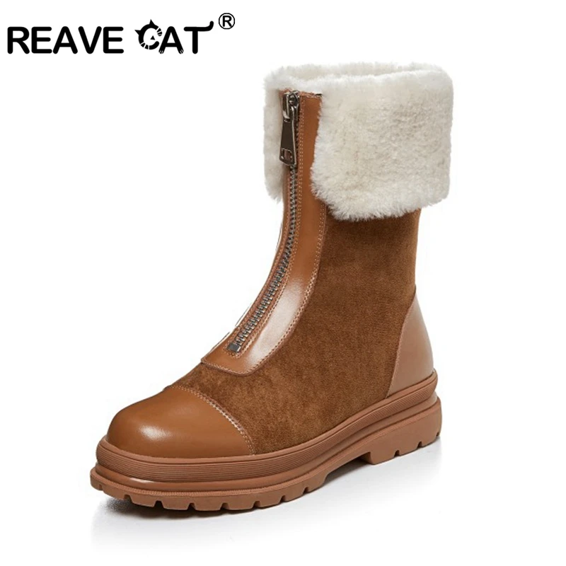 

REAVE CAT New Winter Women boots Genuine Leather Zipper Snow Boots Fur Warm Plush Winter Boots Shoes Woman Botas Mujer A3215