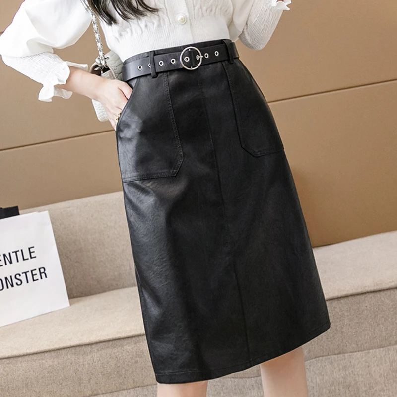 

Black PU Leather Women Skirt Autumn Winter Front Split Midi Belt Skirts Elegant High Waist Sheath Wrap Solid Female Skirts 2021