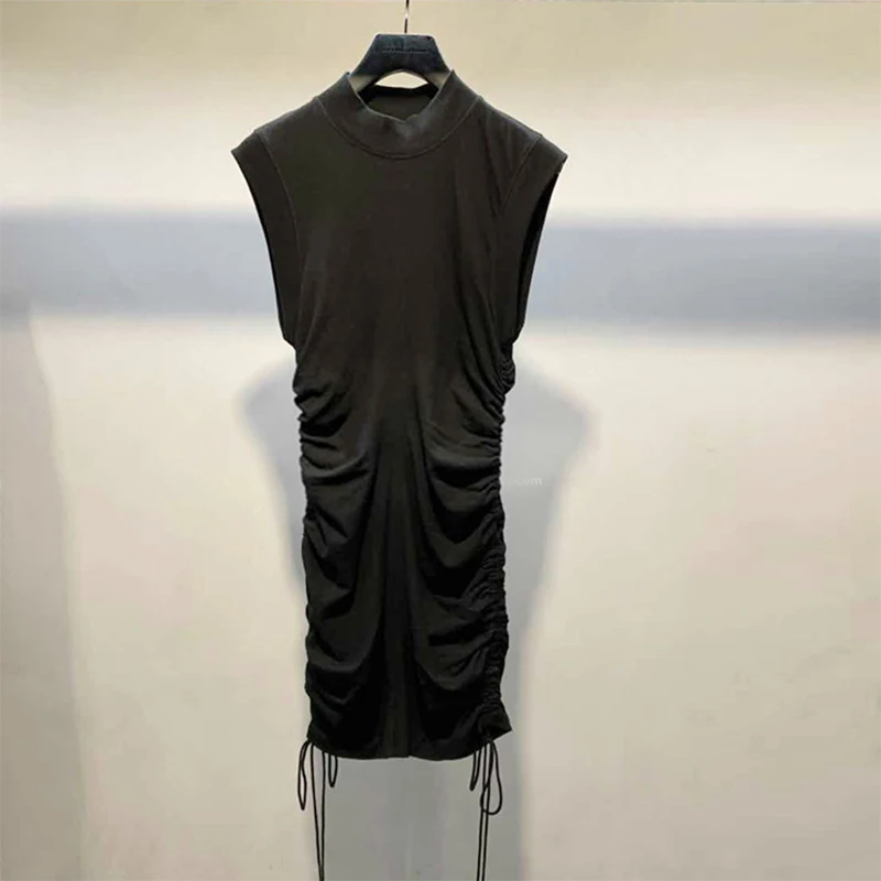 

Spring And Summer New Fashion Sleeveless Drawstring Shirt Slim Hip Dress Female Solid Color Sexy Mini Dress Women Casual