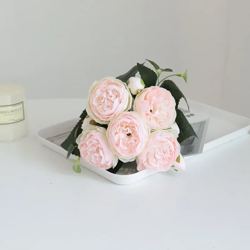 

30cm Fake Flowers Rose Pink Silk Artificial Flowers Peony Bouquet 5 Big Head And 4 Bud For Home Wedding Decoration Indoor Garden