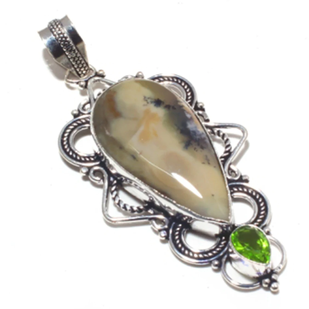 Подлинная Dendrite Opal + Peridots Подвеска Серебряное покрытие над медью 81 мм P7908|Подвески|