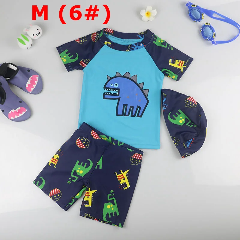 BLUE M Boy Baby Swimwear Dinosaur Swimming Suit for Boys Short Sleeves Toddler Kids Children's Swimwear Beach Clothes Bathing Suit 3pcs - Цвет: BLUE M