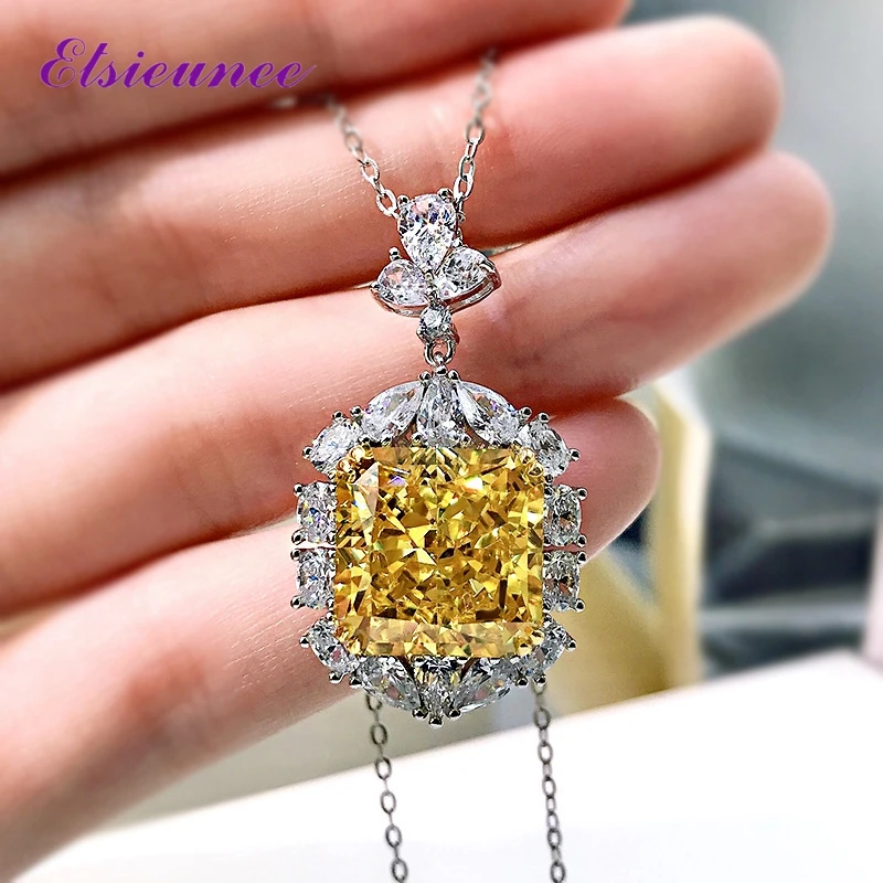 ELSIEUNEE Solid Silver 925 Jewelry Pendant Necklaces Luxury Simulated Moissanite Citrine Gemstone Necklace Women Fine Jewelry