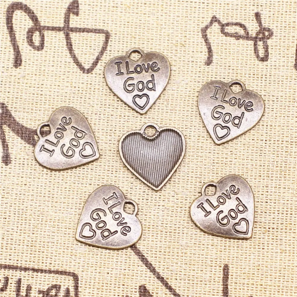 

Charm For Making Jewelry Pendants Antique Bronze Color I Love God 17x17mm 20pcs