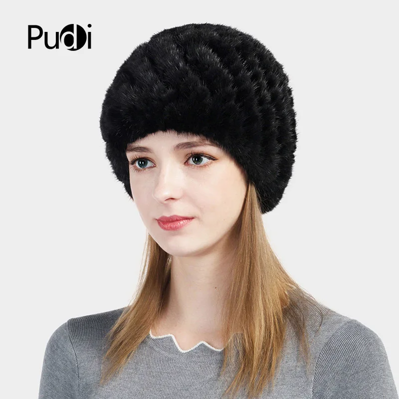 

Pudi HF702 Women's Hats Knitted Real Mink Fur Hat Cap 2017 Brand New Winter Warm Girls Beanies Skullies Black Brown Color