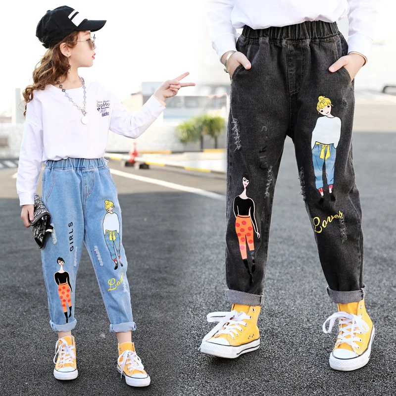 

Jeans For Teenage Girls Kids High Quality Fashion Cartoon Print Casual Pants Kids New Clothes Trousers Elastic Waist Denim Pants