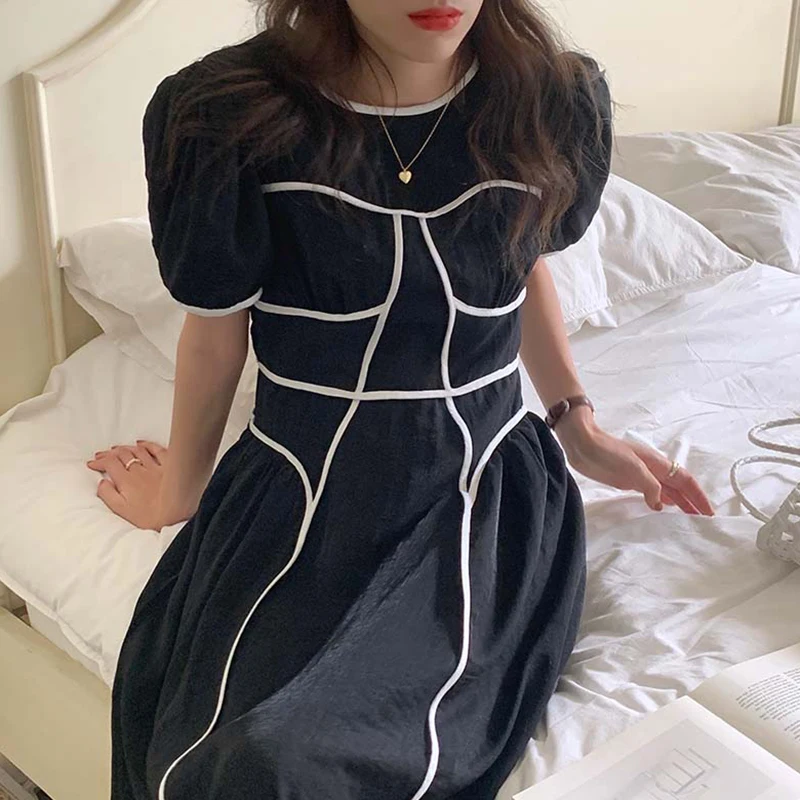 

2021 Summer Autumn Women Dress High Waist A Line Ladies Midi Dresses Casual Puff Sleeve Vintage Dress Women M358