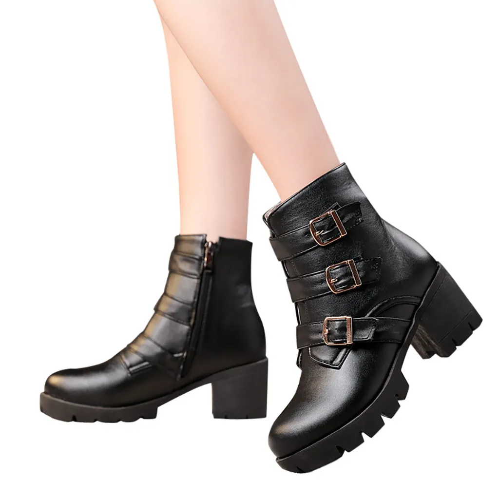 Осенне-зимние ботинки модные однотонные на молнии с круглым носком винтажные