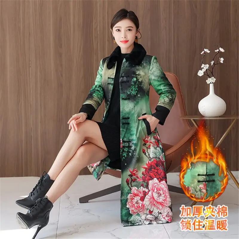 Retro Chinese Style Jacket For Middle Age Women Fashion Elegant Fur Collar Long Coat 2021 Winter Cheongsam Padded Parkas M1105