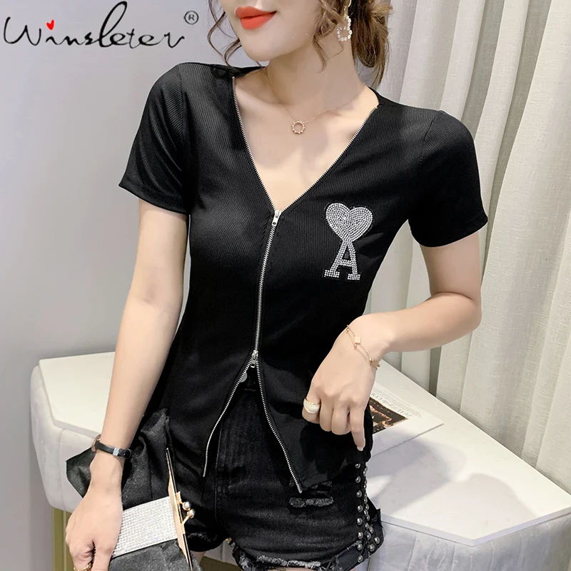 

Summer European Clothes Cotton T-Shirt Fashion Sexy V-Neck Zipper Shiny Diamonds Love Women Tops Short Sleeve Tees 2021 T15223A