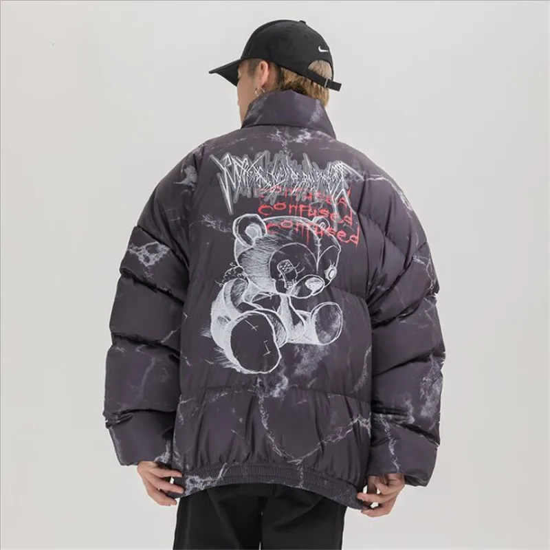 

Hip Hop Jacket Parka Hurt Bear Print Men Winter Oversize Windbreaker Streetwear Harajuku Padded Jacket Coat Warm Outwear Hipster