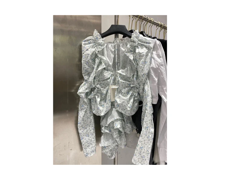 

Women All-Matching Unique Floral Shirt for Female 2021 Early Spring New Pleated Ruffled Stringy Selvedge Top Blouse