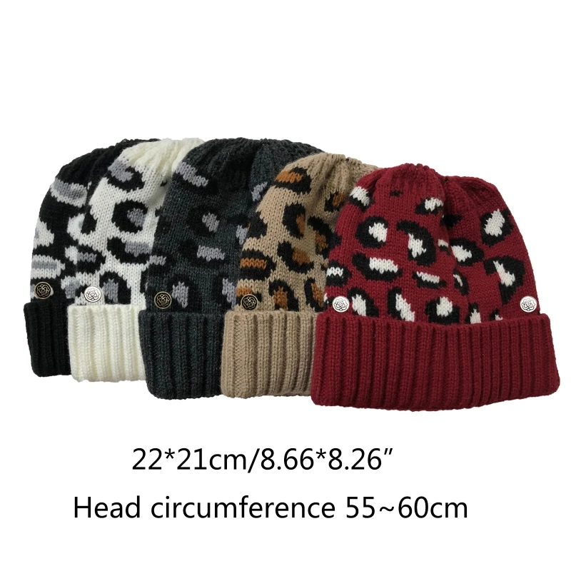 

Women Winter Warm Knit Beanie Hat with Detachable Buttons Leopard Ponytail Cap