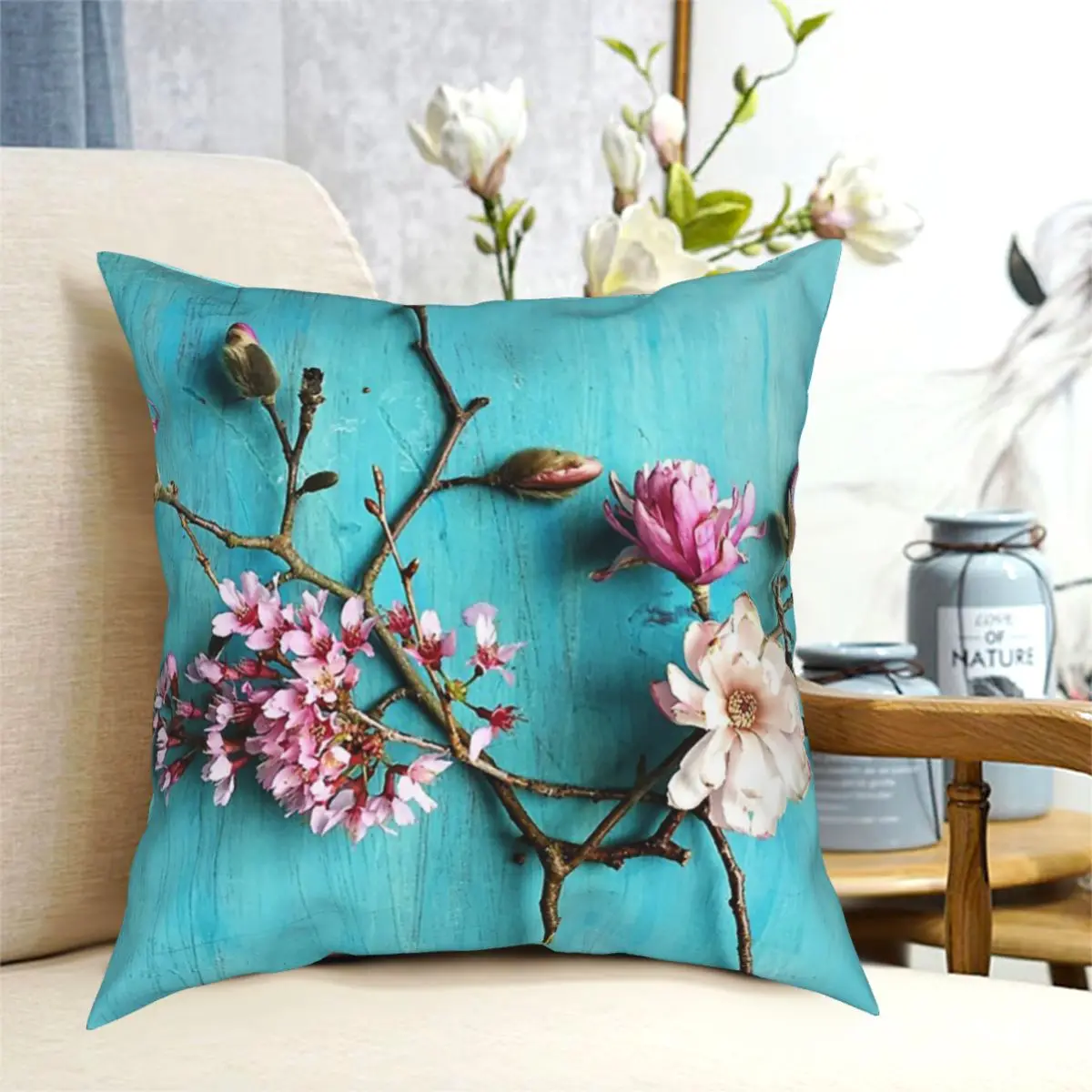 

Aqua Turquoise Flowers Of Spring Pillow Cushion Cover Decorative Pillowcases Case Home Sofa Cushions 40x40,45x45cm(Double Sides)