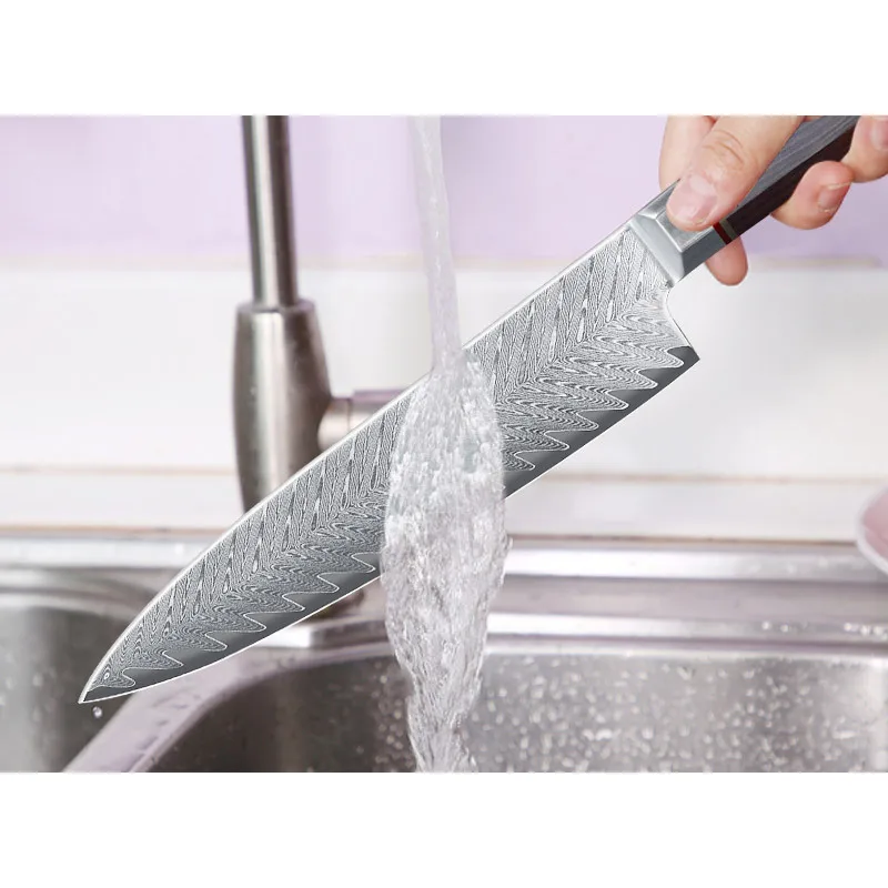 Набор кухонных ножей из настоящей дамасской стали 7 шт. Мясорубка накири сантофу