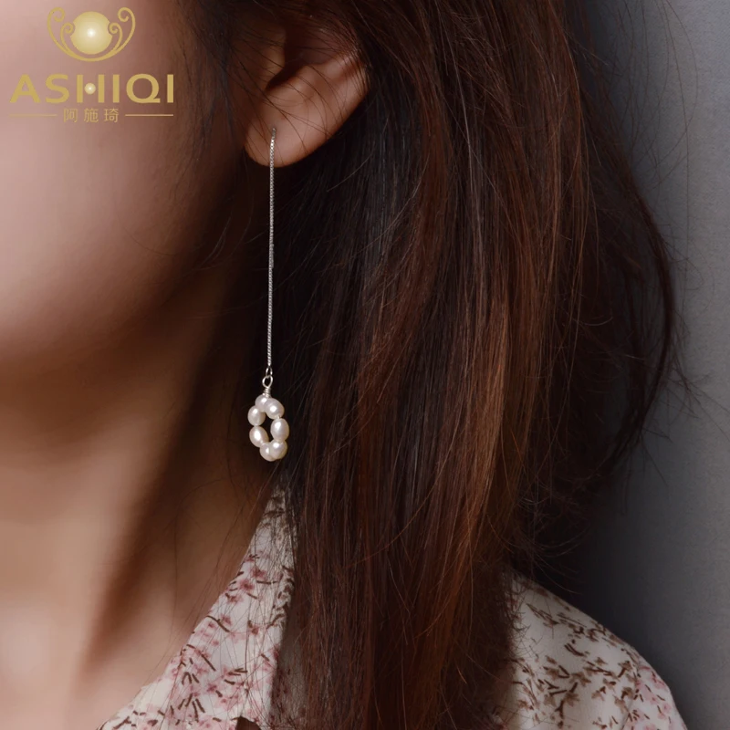 Женские длинные серьги из серебра 925 пробы с натуральным пресноводным