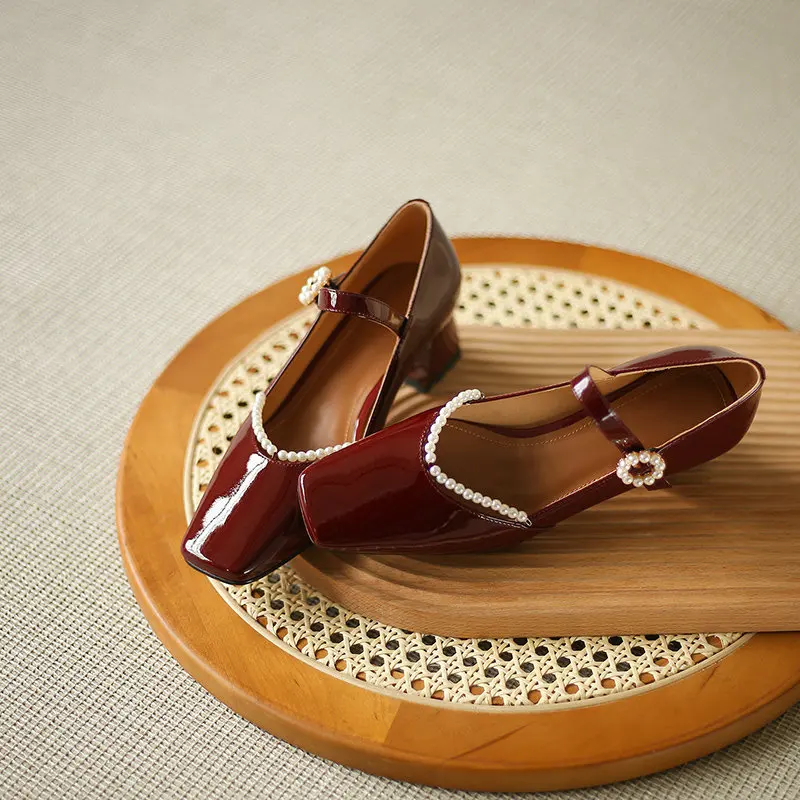 

ESVEVA 2021 String Bead Buckle Elegant Ladies Pumps Patent Leather Square Med Heel Spring Autumn Women Shoes Size 34-39